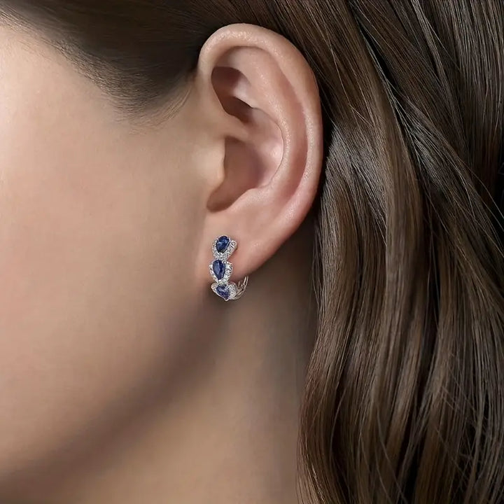 Silver Sapphire Halo Hoop Earrings